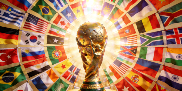 众多国旗环绕世界杯奖杯图片 - 象征参赛队伍增加